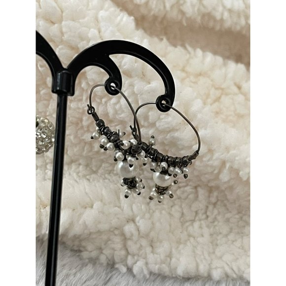 Black/White Beaded Hoop / White Rhinestone Round Dangle Earrings - 2 Pairs - Picture 4 of 12